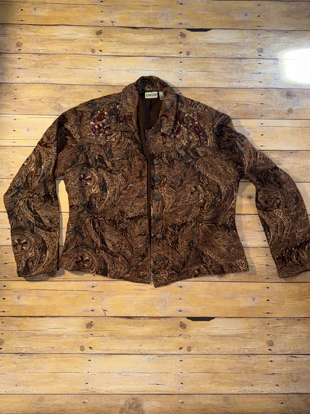Chico's Brown Paisley Embellished Button Jacket